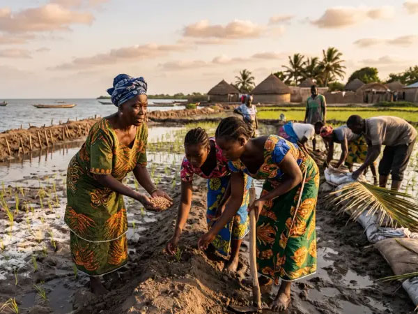 As seawater creeps in, Gambian farmers rethink how they protect rice fields